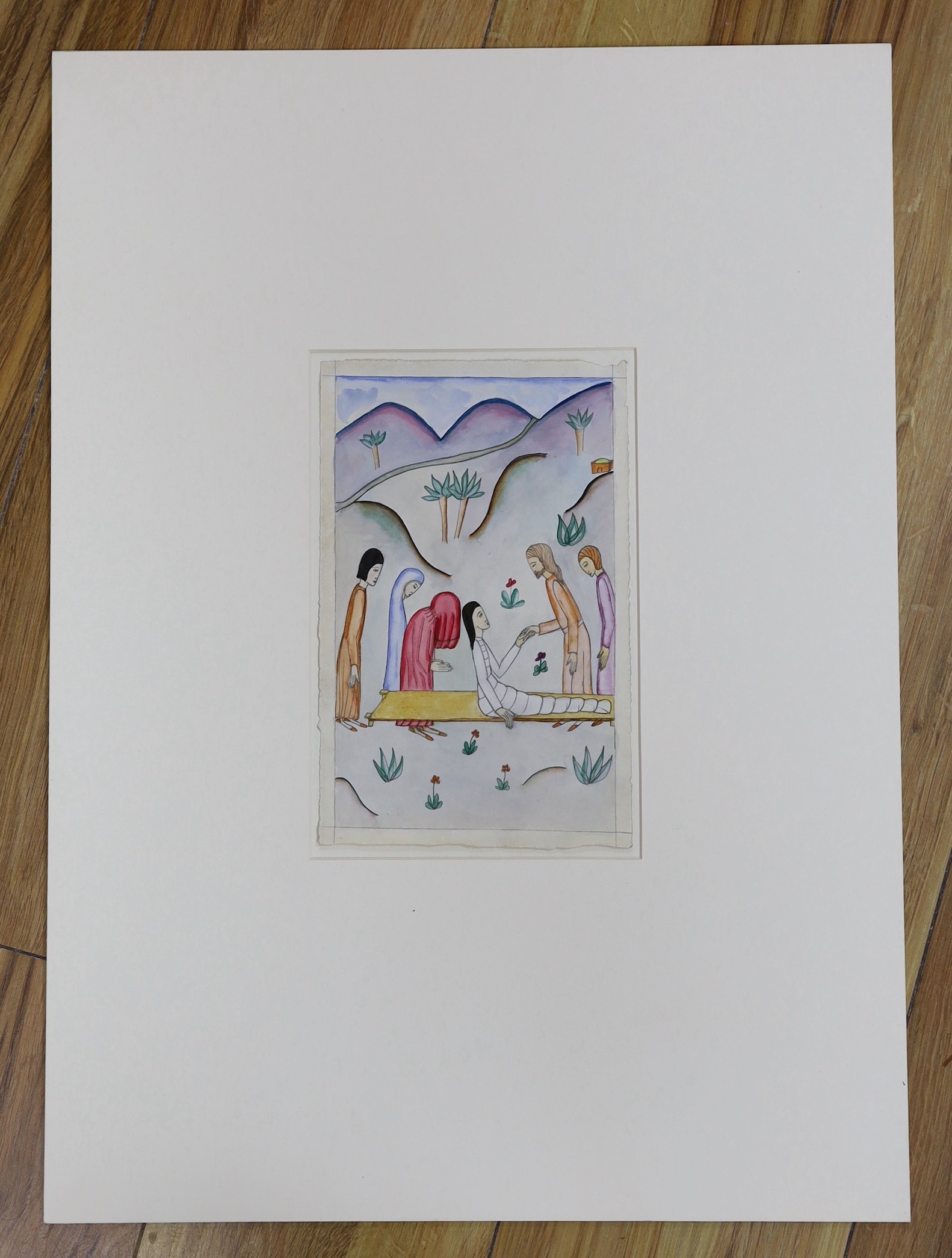 Joanna Gill (daughter of Eric Gill), ink and watercolour, 'Arise, take up thy bed and walk', c.1922, 23 x 15cm, unframed